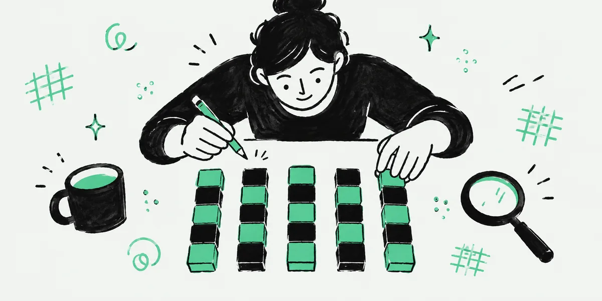 A person arranging a week of mint and black time blocks on a desk like a puzzle, with a pencil, a mug, and a magnifying glass.