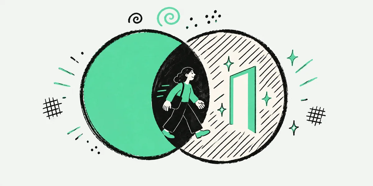 Two overlapping circles, one mint and one hatched, with a small figure walking through the overlap toward a doorway.