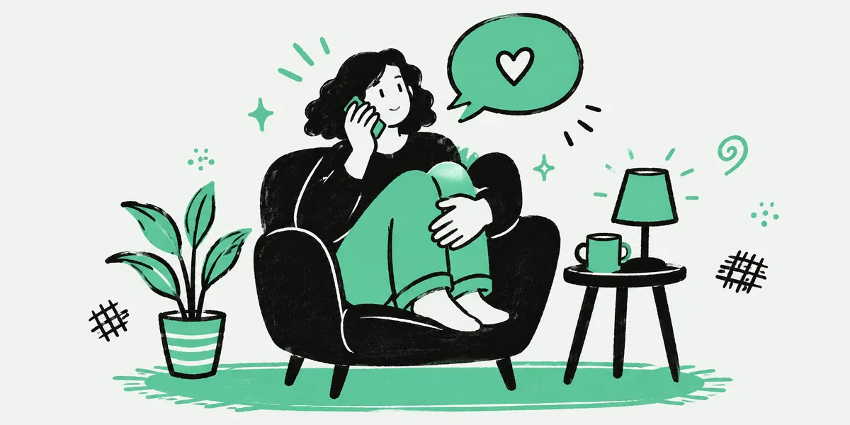 A person on a phone call in a quiet corner, with a speech bubble containing a heart.