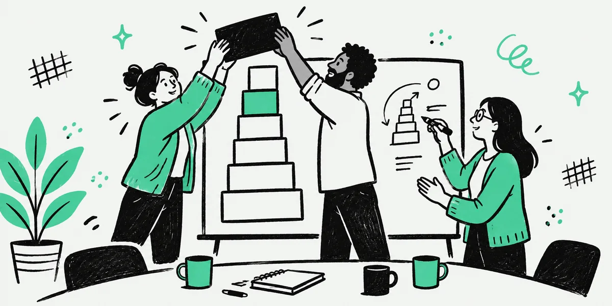 A small team lifting a heavy block off a tall stack of tasks on a whiteboard.