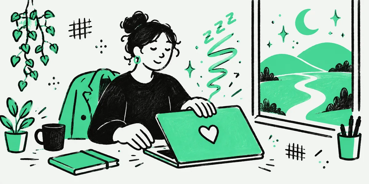 A person gently closing a laptop at the end of the day, with a path and a crescent moon outside the window.