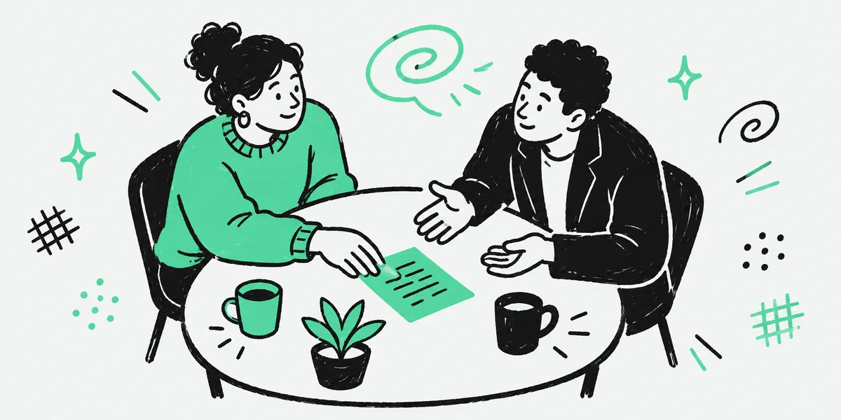 Two colleagues at a small table, one showing a short list to the other.