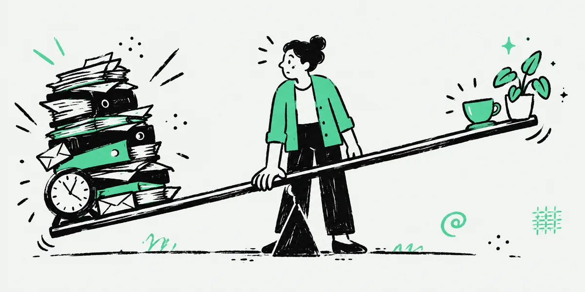 A seesaw tipped by a heavy pile of files on one end, with a small cup of tea and a plant on the other.