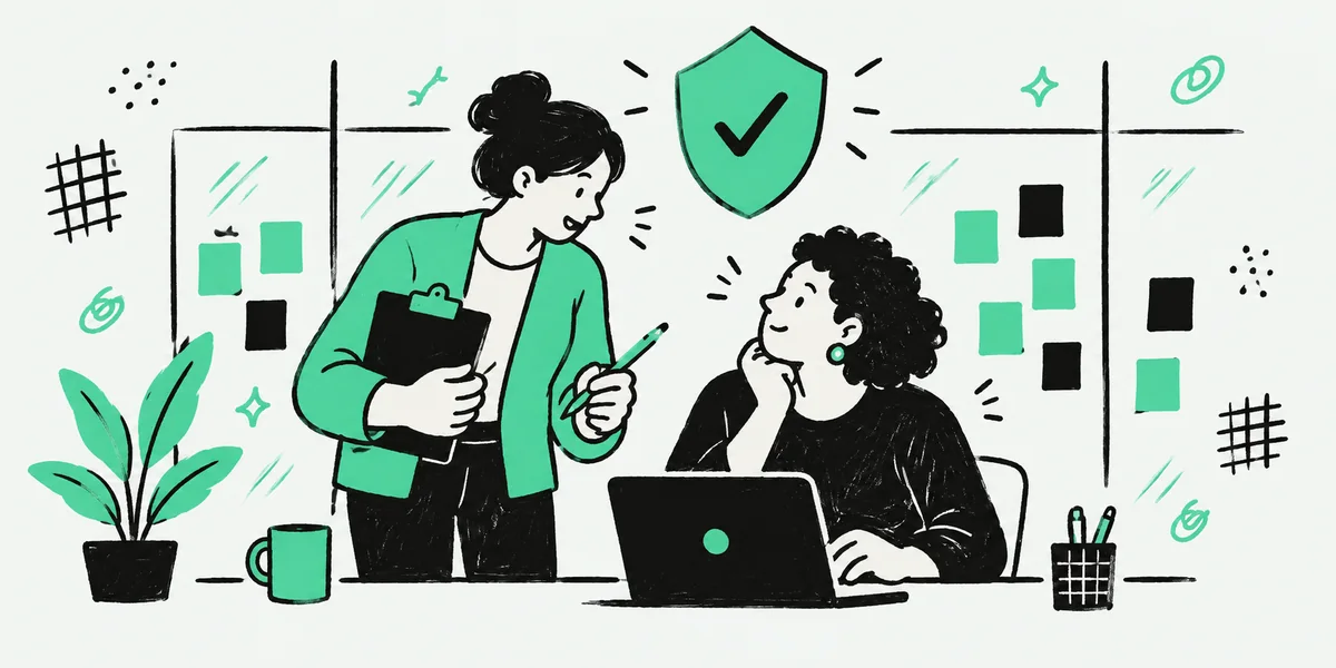 A person with a clipboard talking with a colleague at their desk, with a shield with a tick above them.